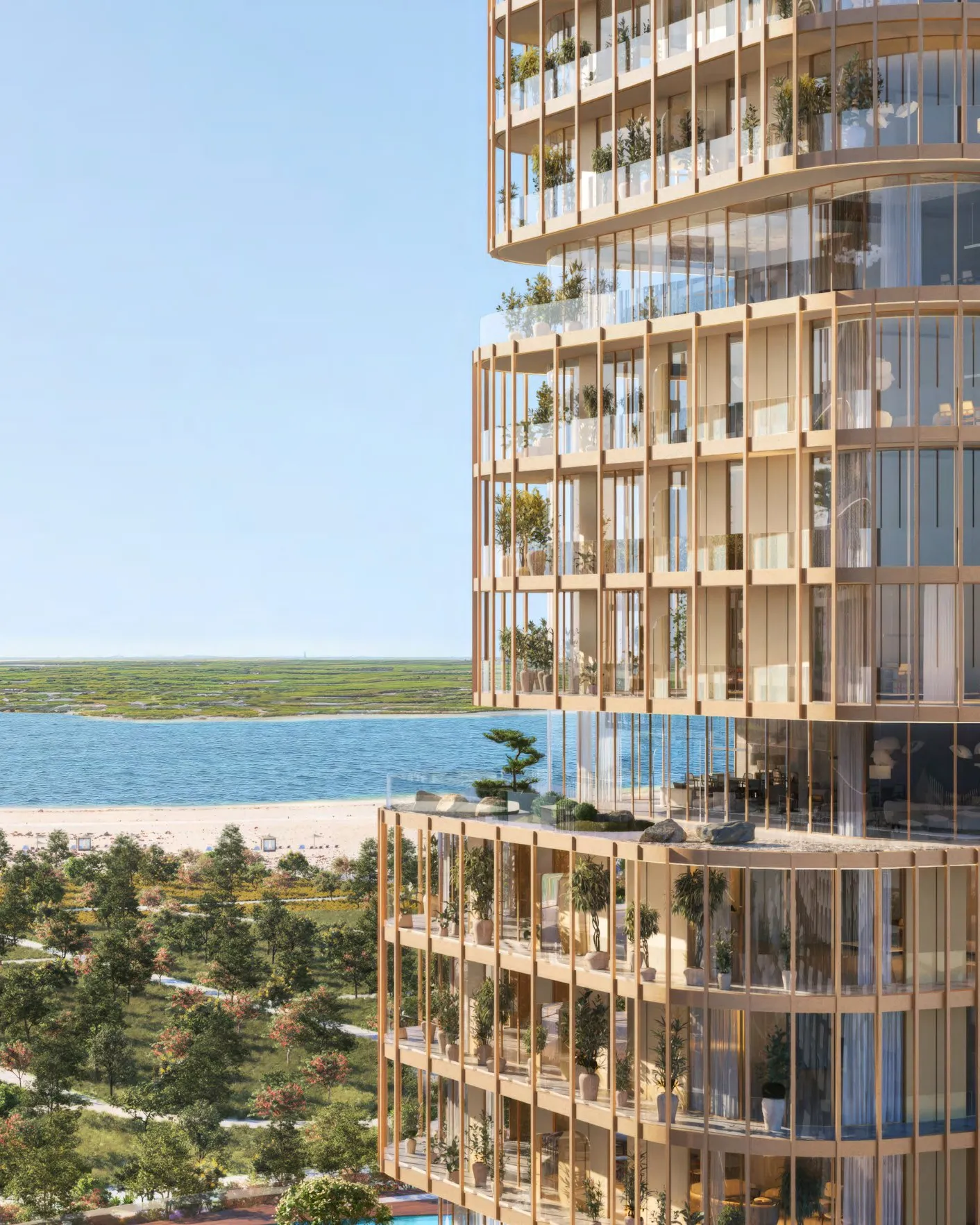 HADO tower terraces overlooking gardens, beach and the sea