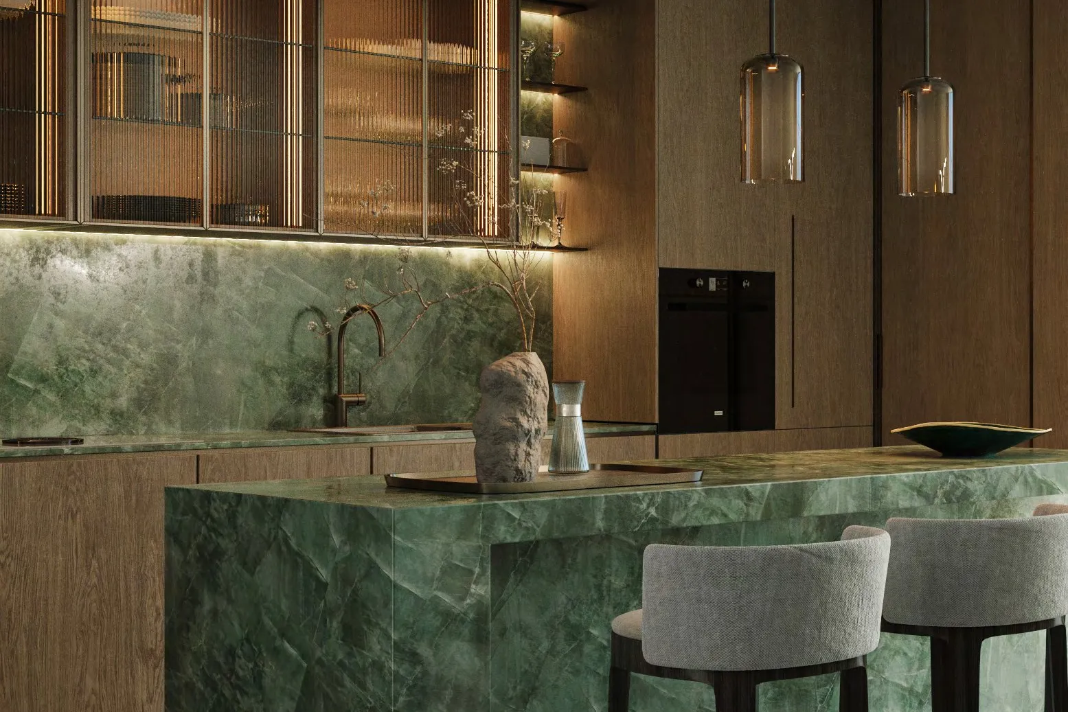 Kitchen with green marble island, timber cabinets and glass pendants