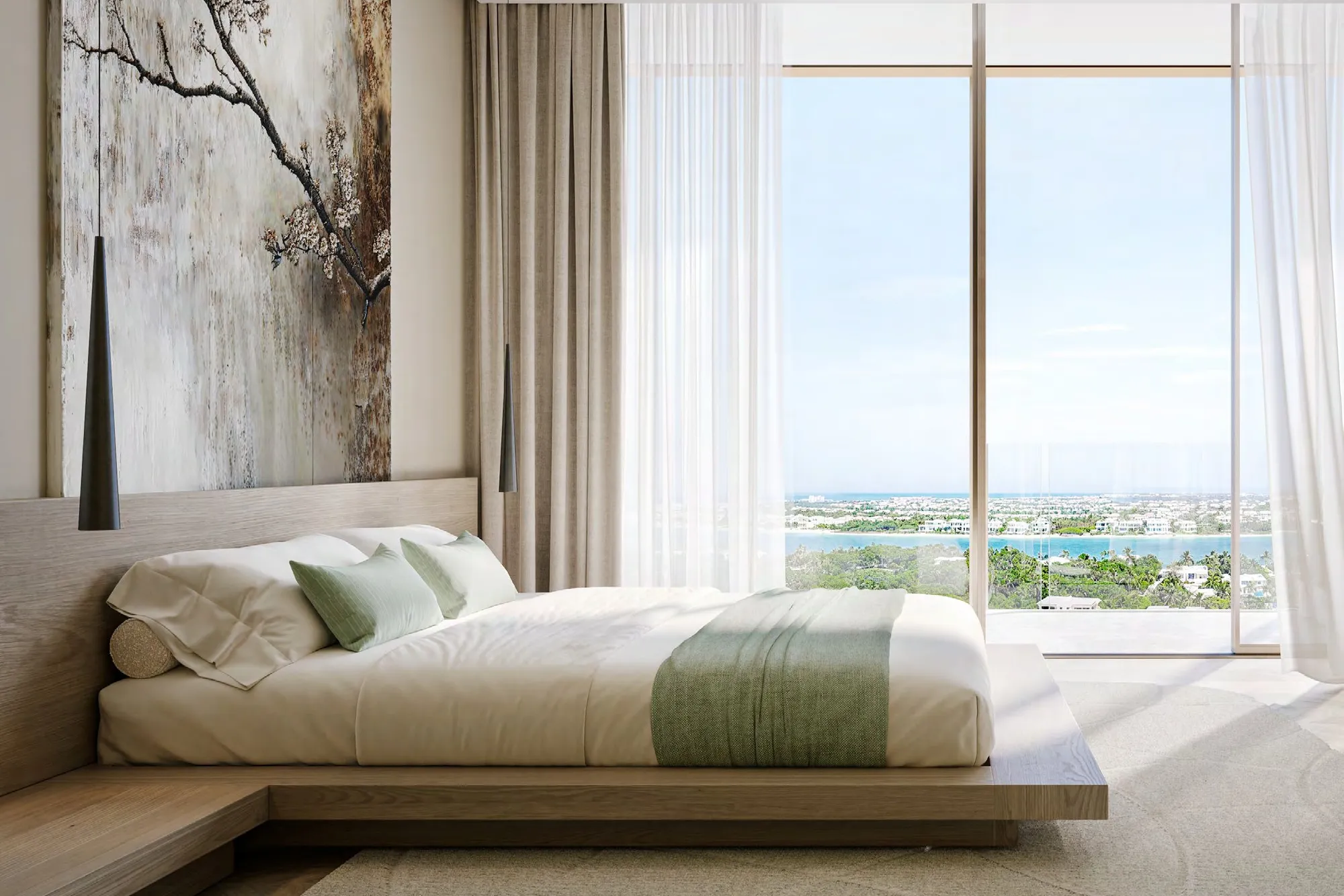 Low timber bed facing tall windows over the cove