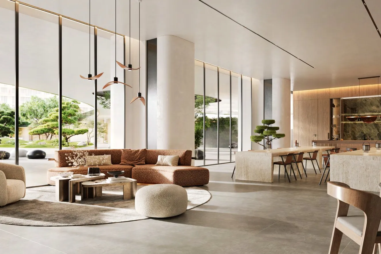 Chef's kitchen lounge with travertine tables and garden views
